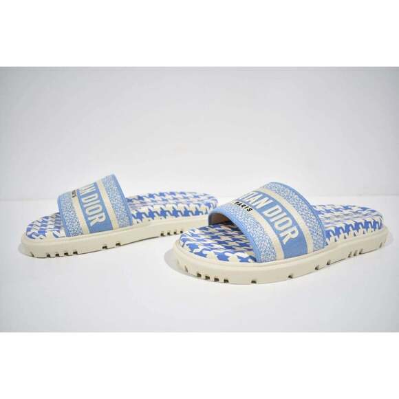 Christian Dior Dway Blue White Logo Houndstooth Slide Mule Flat Flop Sandal 38.5 - Picture 11 of 12